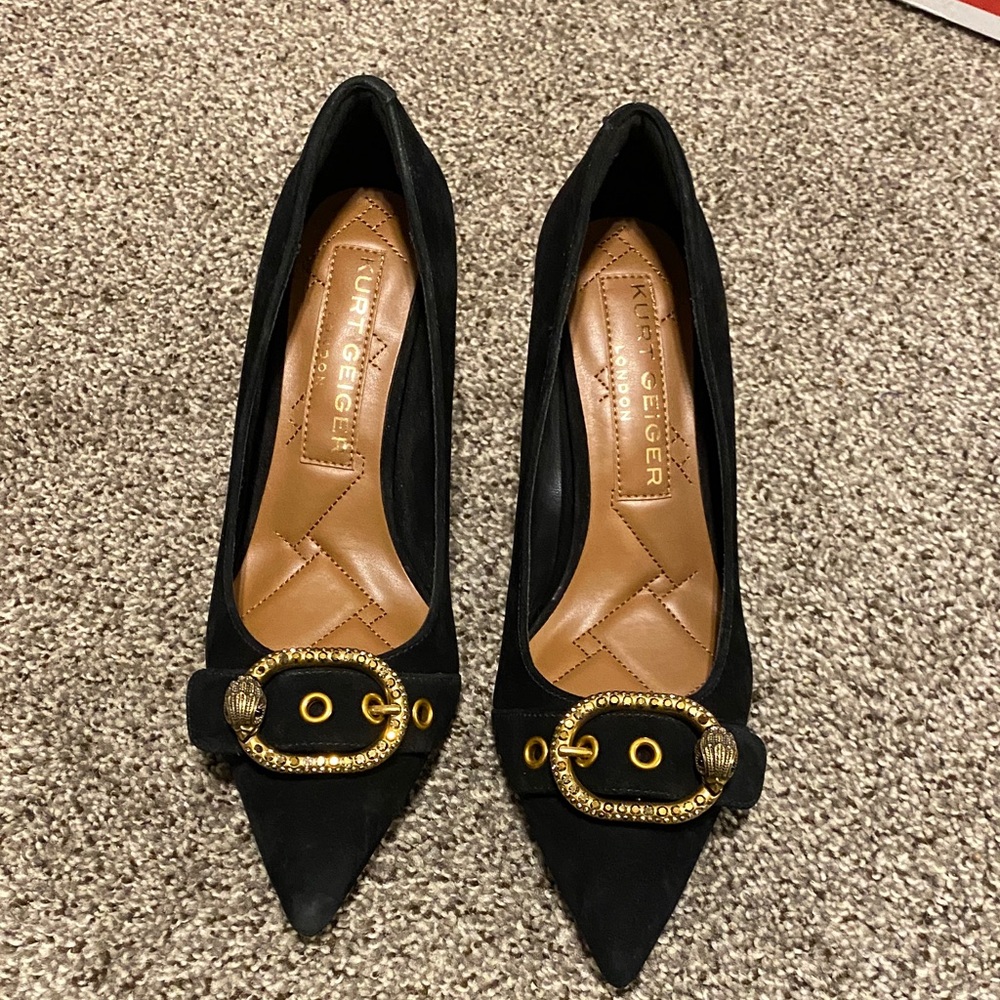 Kurt Geiger Black Pointed Suede Pumps with Gold Buckle Detail